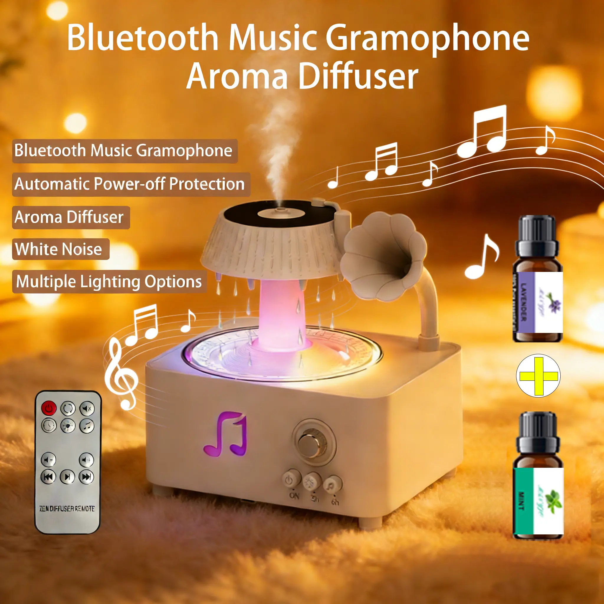 Retro Record Player Bluetooth Humidifier & Aroma Diffuser - Ultrasonic Rotating Raindrop, White Noise, Natural Sounds, Water Shortage Protection, 2 Essential Oils Included - Ideal for Home, Office Use, Premium Gift for Family