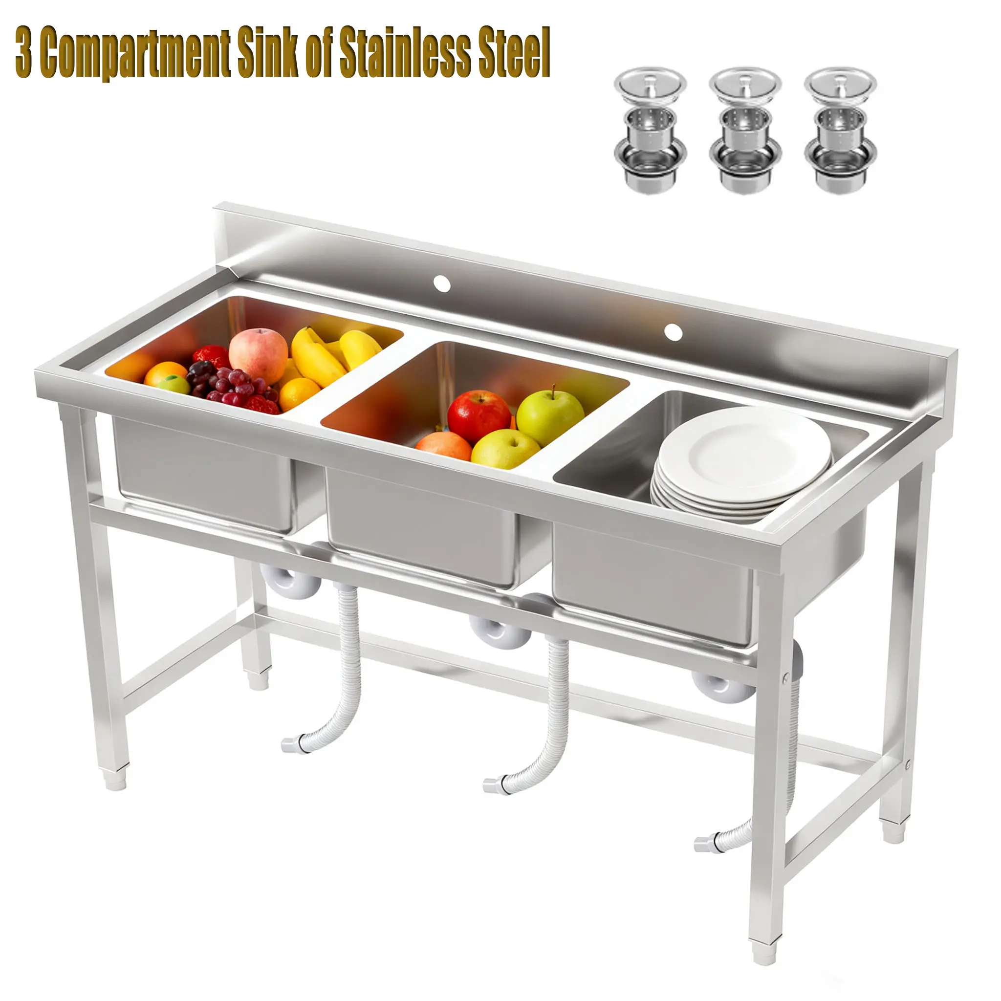 51" Size Stainless Steel 3-Compartment Freestanding Utility Sink - 14" L x 14" W x 10" D Bowls, Kitchen Basin with Drainage System & Adjustable Levelers, Heavy-Use for Commercial Kitchen, Restaurants, Bars, Food Trucks, Industrial Prep