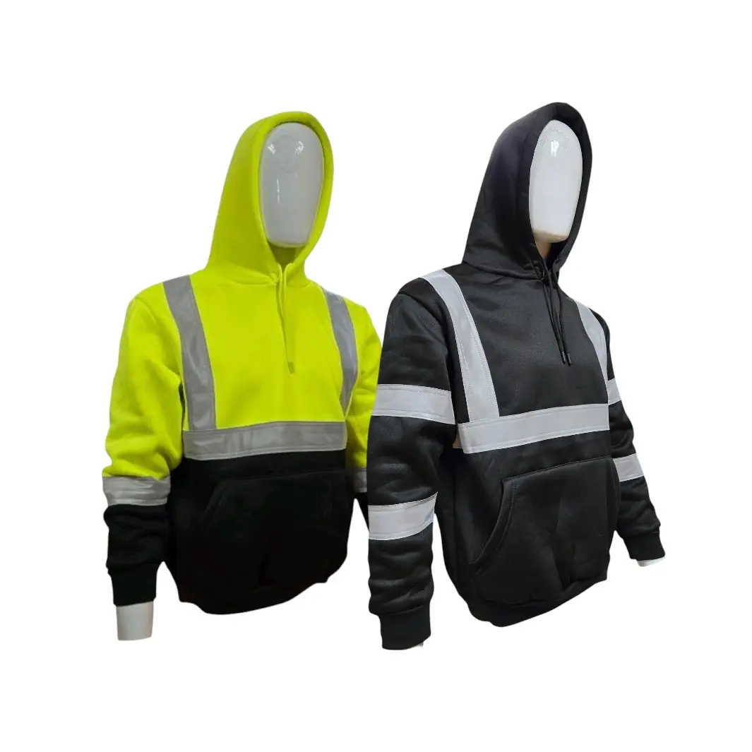 ANSI 107-2015 Certified High Visibility Stretchable Polyester Work Safety Long Sleeve Pullover - Easy Pull-On Hood, Reflective Strips, Lightweight Durable Fabric for Daily Use, Easy-Care Fabric, Low Light Condition Maximum Visibility