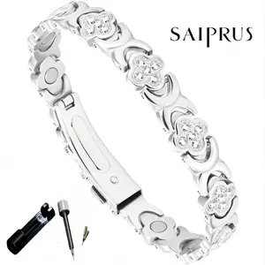 SAIPRUS Women's bracelet, pure copper magnetic bracelet, lucky four-leaf clover bracelet, electroplated silver and polished, includes bracelet adjustment tool, gift box packaging, perfect gift choice, stylish and modern accessory jewelry gift. gold