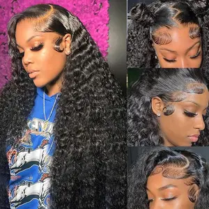 Deep Wave Lace Front Wigs Human Hair 180 Density 13x4 HD Lace Frontal Wigs Human Hair Pre Plucked Deep Curly Wigs Human Hair for Women Natural Black