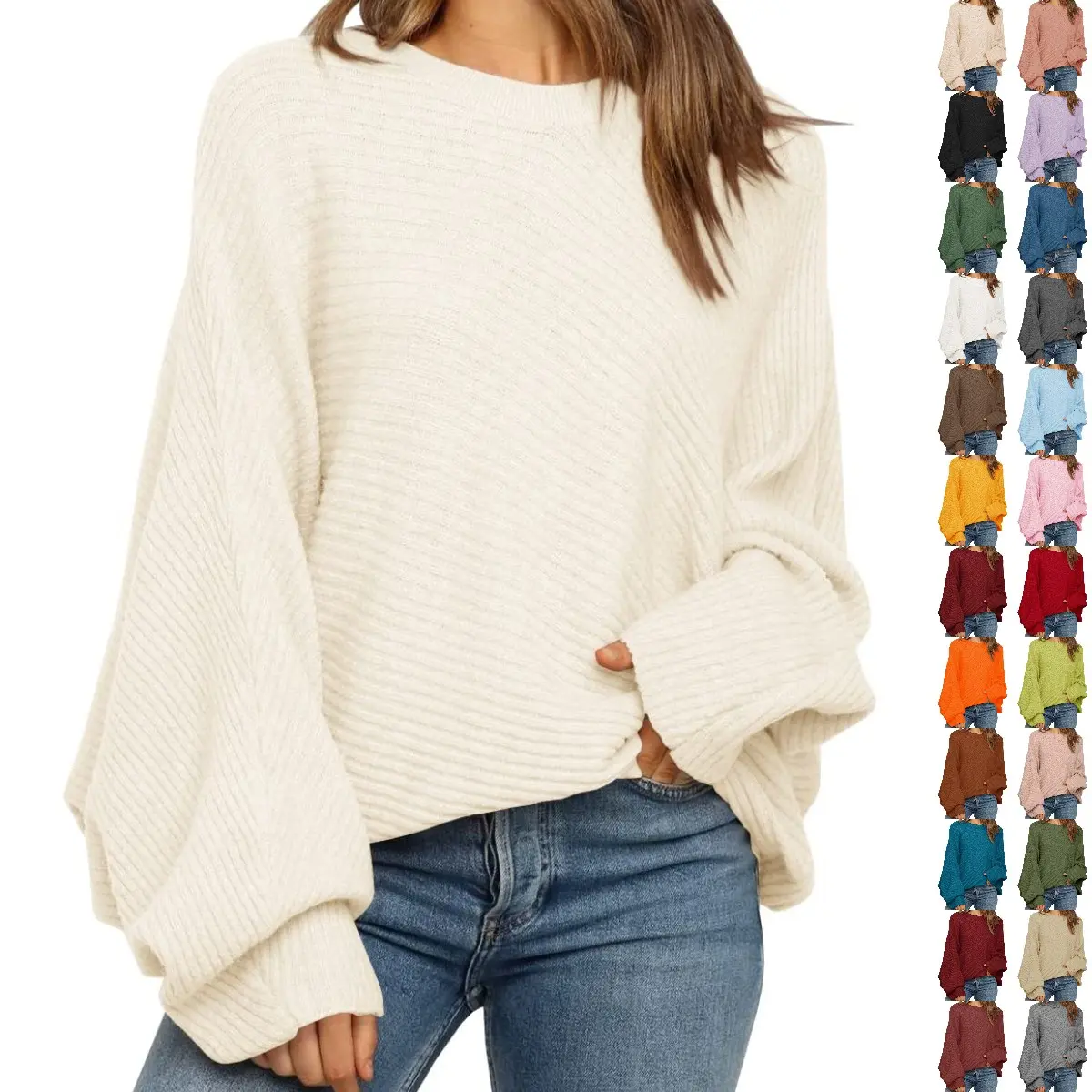 Goranbon Women's Oversized Crewneck Sweater Batwing Puff Long Sleeve Cable Slouchy Pullover Jumper Tops
