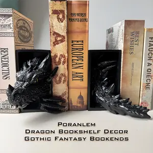 Dragon Bookshelf Decor Gothic Fantasy Bookends Black Animal Statues for Shelves Book Lovers Gifts Unique Resin Shelf Holder Set (10"*6.1"*4.9") Home Office Decorative