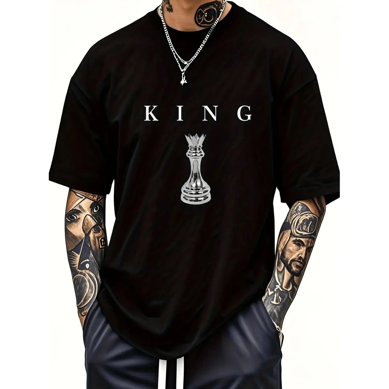 Casual• Mens 180Gsm Cotton T Shirt King Graphic Short Sleeve Round Neck Tee For Casual Attire White -1 B37