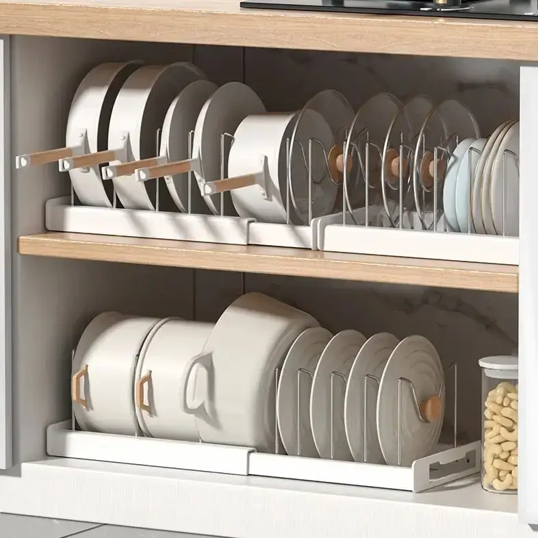 Expandable Pot and Pan Organizer Rack for Cabinet, Pot Lid Organizer with 7 Adjustable Stainless Steel Dividers, Kitchen Storage Rack Holder for Pan Lids & Bakeware Utensils, Countertop & Cabinet Organizer (White/Grey) gift