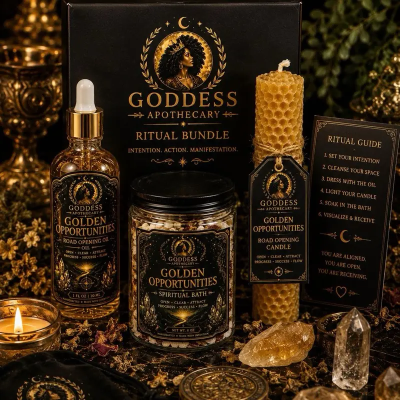 Goddess Apothecary Golden Opportunities Complete Collection Gift Box - Herb-Dressed Calming Beeswax Taper Candle, Decorative Road Opening Oil, Unscented Wax Spiritual Bath Set for Cozy Ambiance Pink Cherry holiday collection kingdom heart