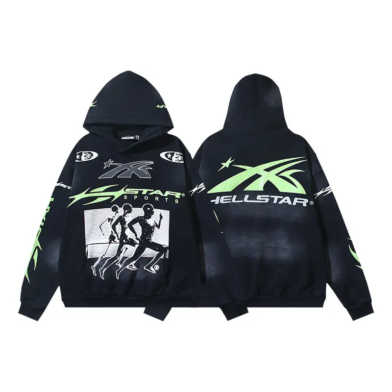 2026 HELLSTAR Certified Professional Y2K Premium Washed Black Pullover Hoodie Neon Green Star Runner Graphic Casual Mens Standard Fit