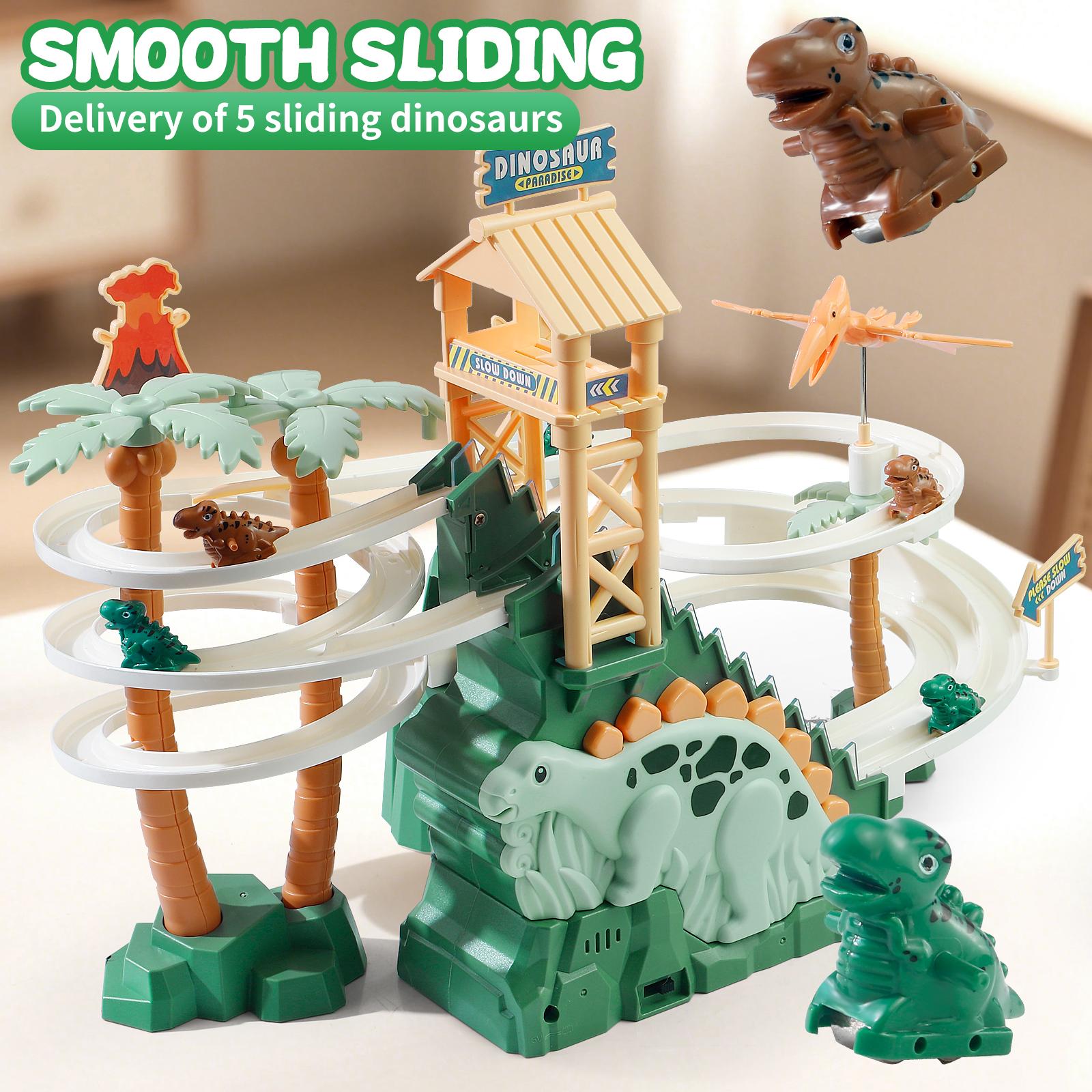 Dinosaur Chasing Race Track with Double Loop, 5 Mini Dinosaur Cars, Climbing Slide Toy with Lights & Music, Fun Stair Climbing Toy for Kids Dinosaur Chasing Race Track with Double Loop, 5 Mini Dinosaur Cars, Climbing Slide Toy with Lights & Music, Fun Stair Climbing Toy for Kids