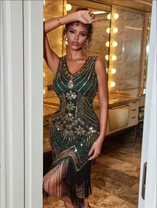 Apperloth Studio Emerald Green Beaded Fringe Flapper Dress Cocktail Gown Sequin Fringe Mini Dress Vintage Glamour for Cocktail & Party Events Luxury Dark Green Embellished Flapper Dress