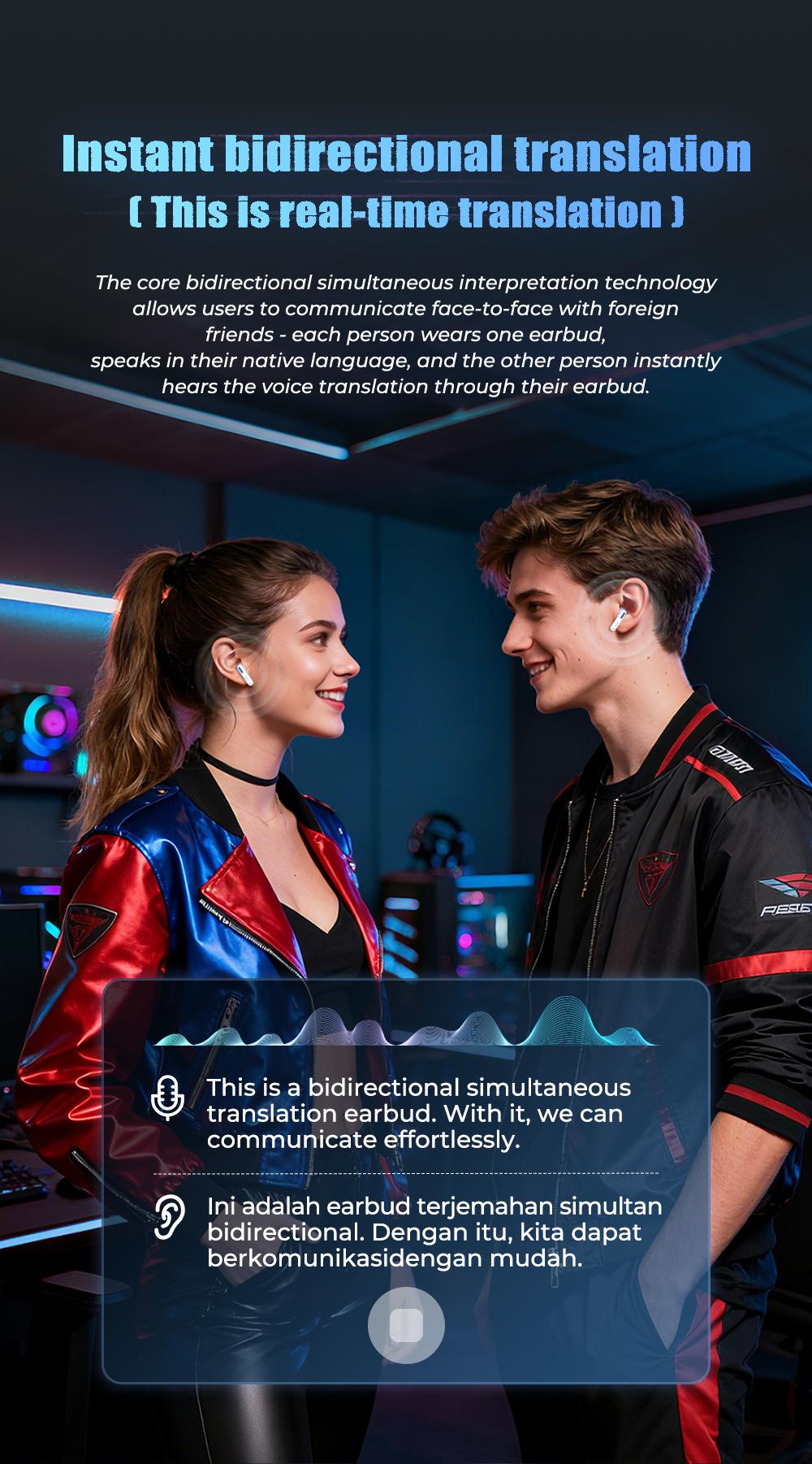 HTC NE49-ai translation headset Bluetooth headset (6.0), charging box, IPX5 waterproof, 35 hours of charging box life, built-in microphone.