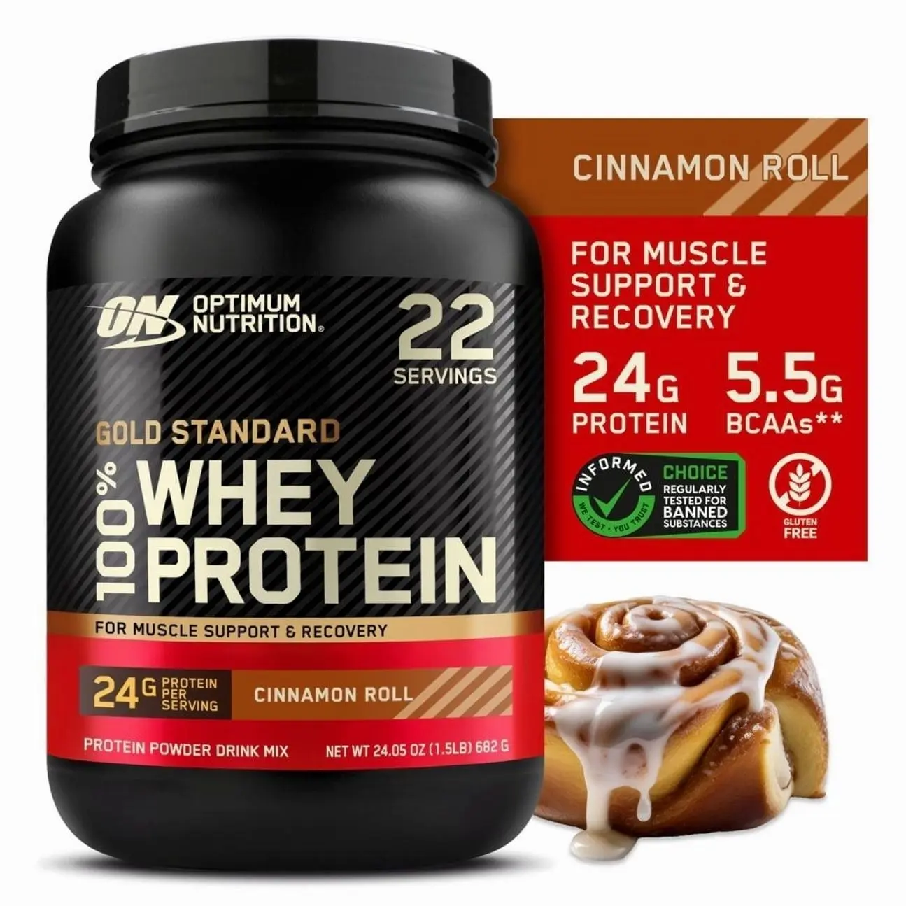 (Select for More Options) Optimum Nutrition Gold Standard 100% Whey Protein Powder, Cinnamon Roll, 1.5 lb Tub, 22 Servings Supplement Fitness Healthcare