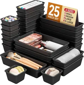 25 PCS Plastic Drawer Organizers Set, 4 Sizes Vanity Organizer, Makeup and Desk Drawer Organizer Trays, Organization and Storage for Makeup, Bathroom, Kitchen Utensils and Office (Black)