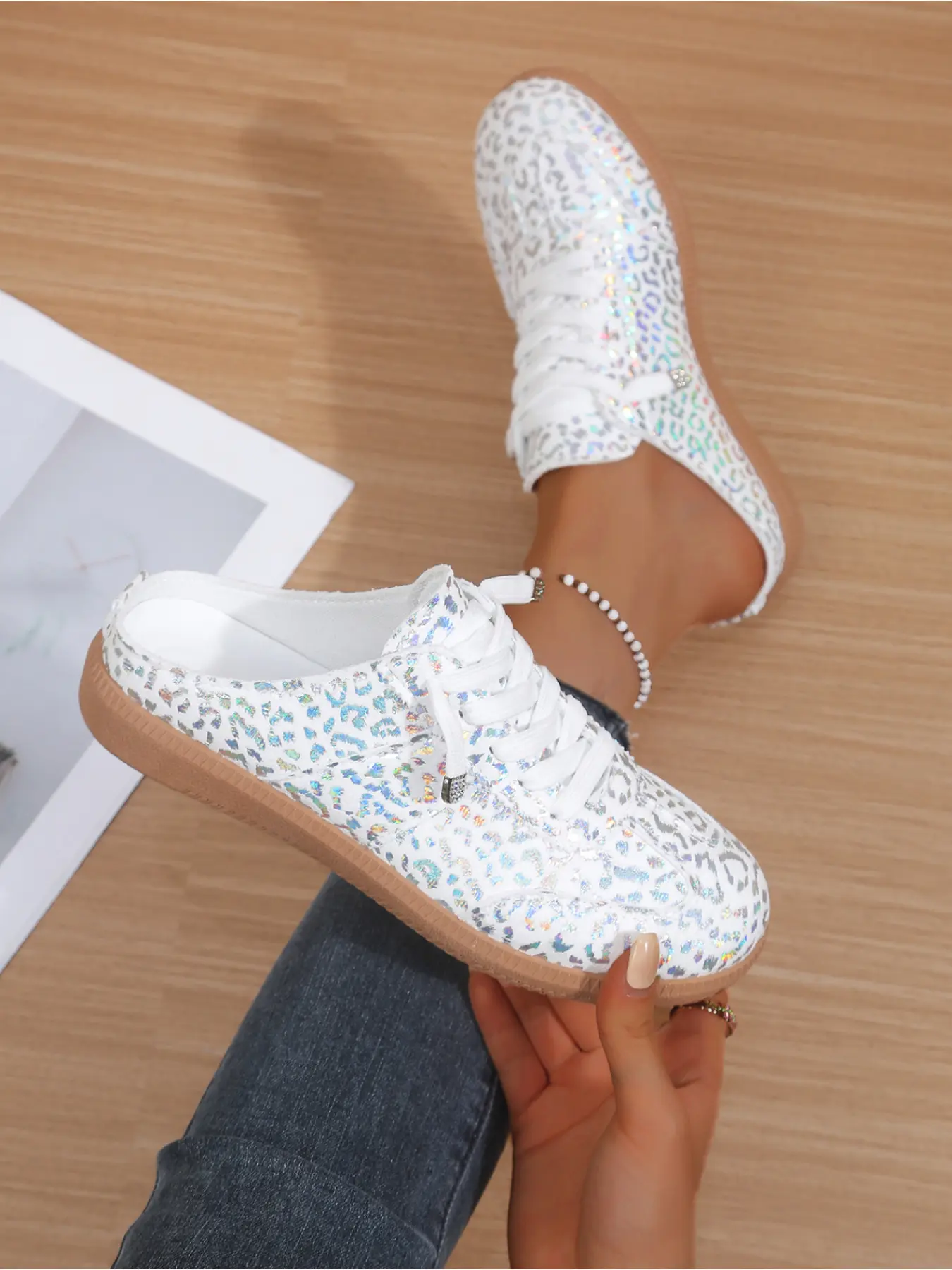 Women's Leopard-Print Mule Sneakers, PU Leather Mules, Holographic Glitter Slip-On Backless Flats, Breathable Summer Walking Shoes