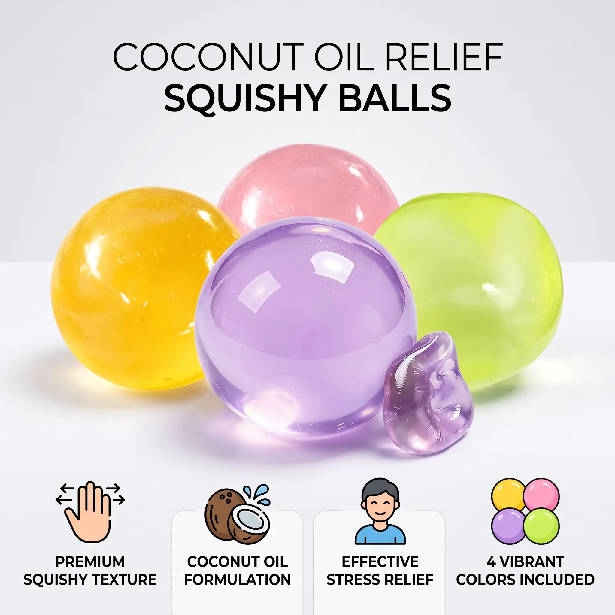 Coconut Oil Squishy Ultra Soft Gel Stress Relief Squeeze Balls | High Elasticity Anti-Stress Fidget Toy | Jelly Texture Stress Balls | Anxiety Relief Toy for Office, School & Home Relaxation