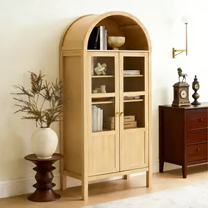 High Arched Modern Curio Cabinet with Two Drawers – 4-Tier Storage & Display Bookcase with Glass Doors for Living Room
