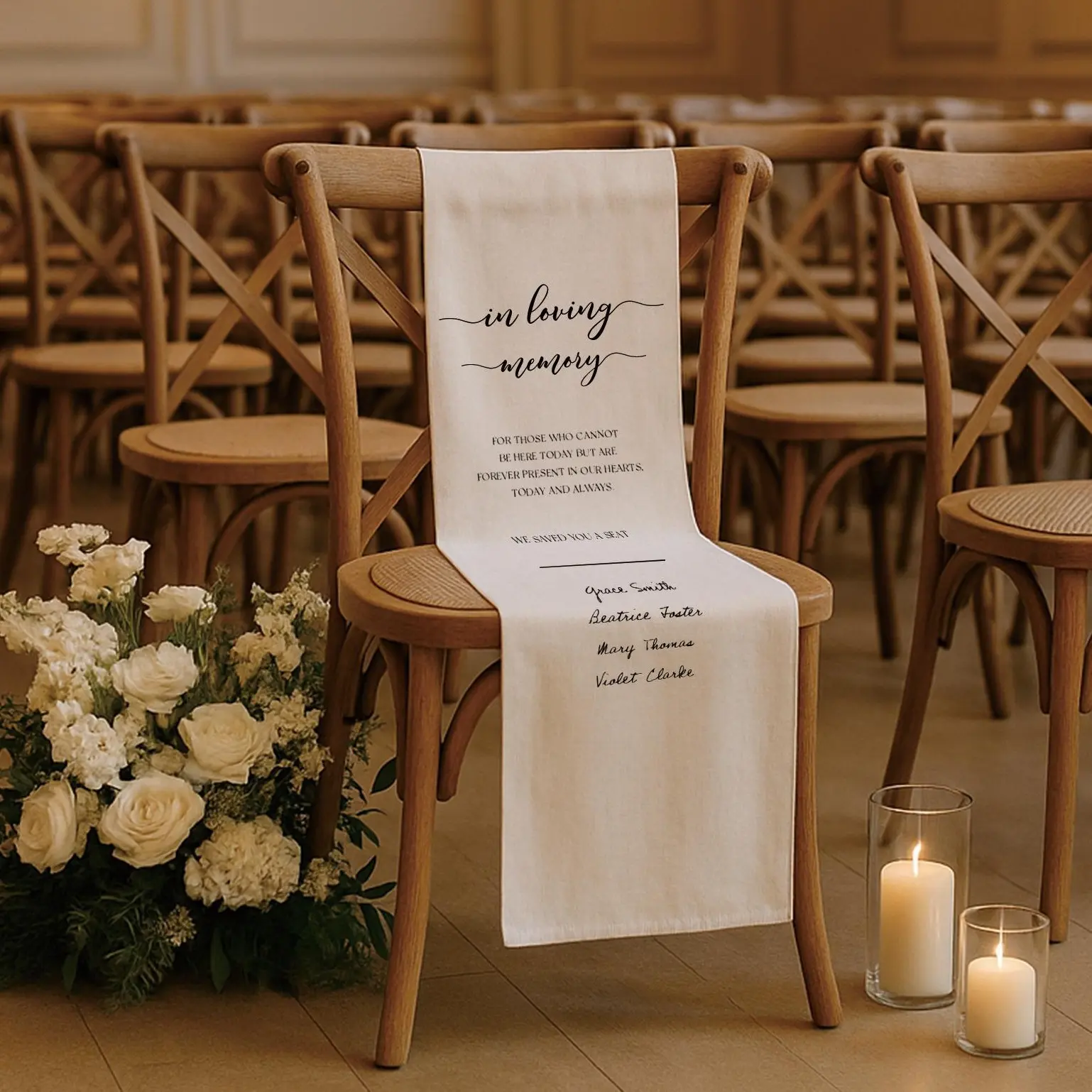 Linen Memorial Chair Sign - Reserved Banner for Loved Ones, Commemorative Tribute, Rustic Wedding Aisle Decor, Personalized Keepsake Figurine for Anniversary Celebrations, None