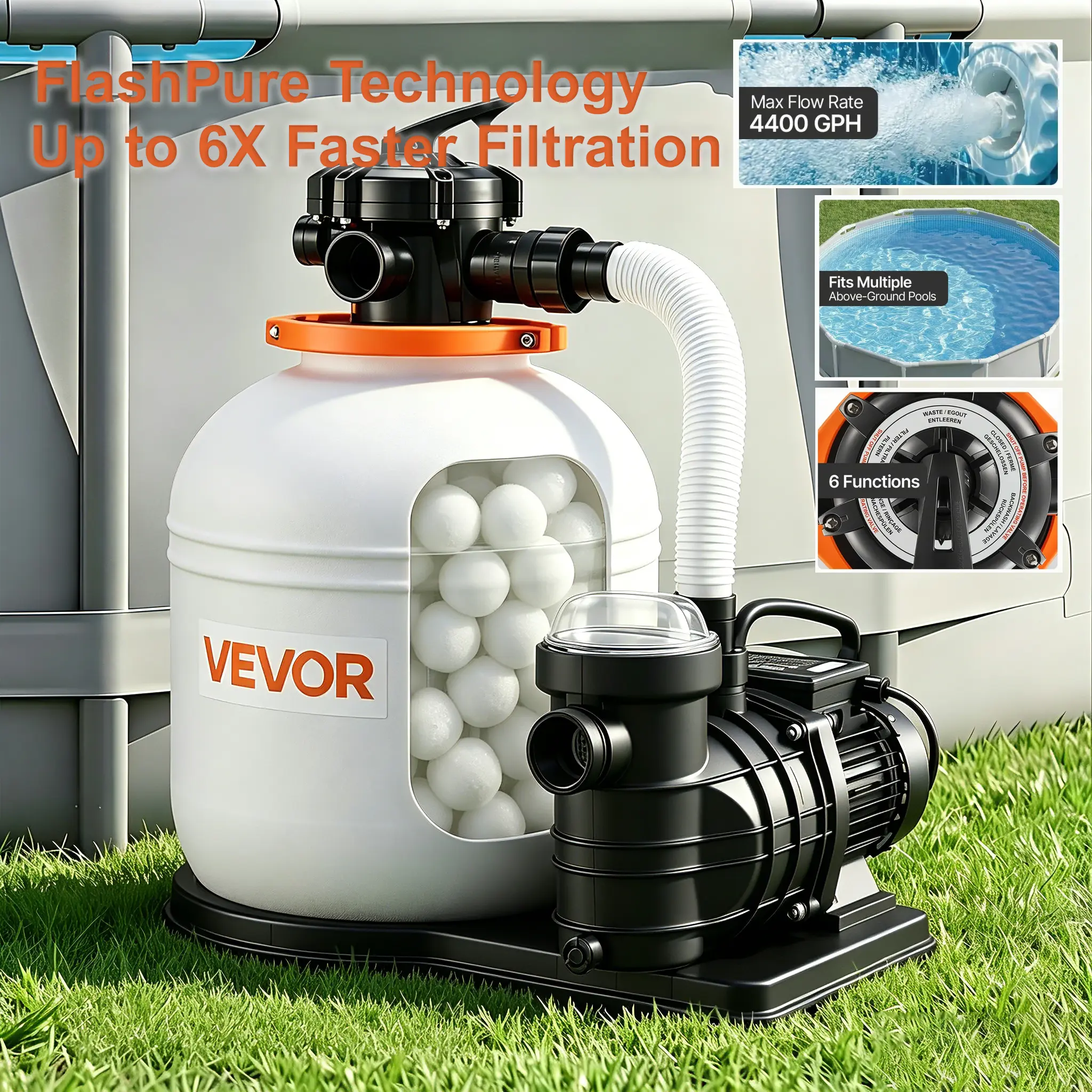 【FathersDayGift】VEVOR FlashPure Sand Filter Pump, 16 in for Above Ground Pool, 1 HP 4400 GPH, Swimming Pool Filter System with Timer, 6X Faster Filtration with Media Installed, Leak-Resistant, Ready to Use Out of Box
