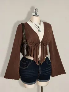 EVO x ICON Women's Plus Size Brown Knitted Top Featuring A Deep V Neck, Peplum Waist, And Extra-Long Flare Sleeves