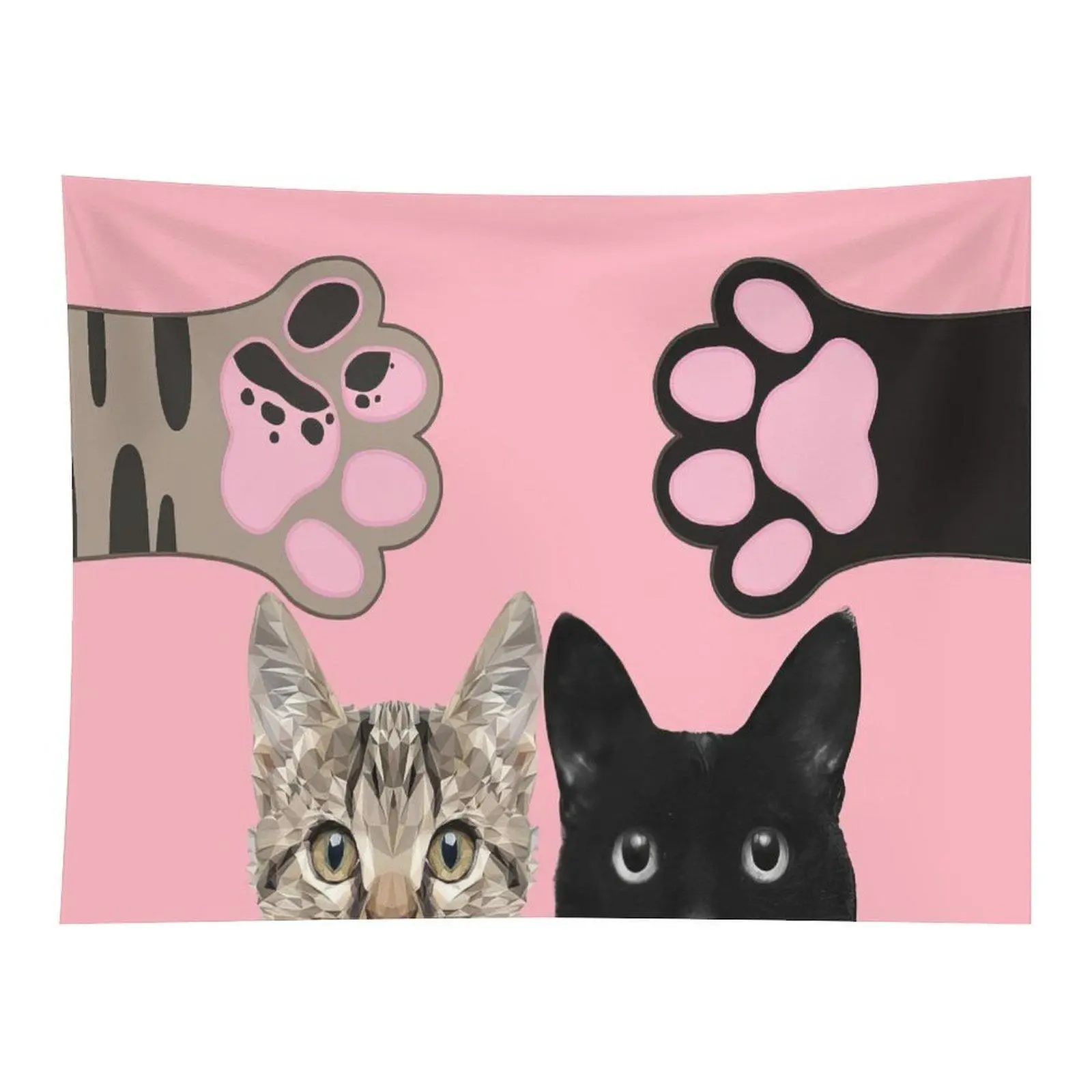 Cute Two Cats Tabby and Black Cat With Stretching Pink Paw Prints Pink Background Kawaii Pet Art Bedroom Decor Wall Tapestry