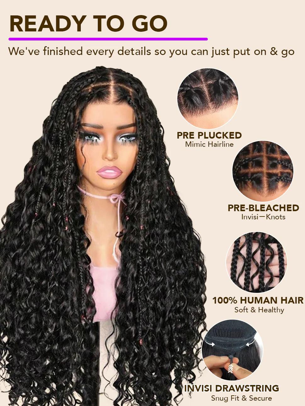 13x6 Boho Curls Braided Wigs Human Hair Pull Go Drawstring Cap HD Full Lace Frontal Wig Knotless Pre Cut Lace