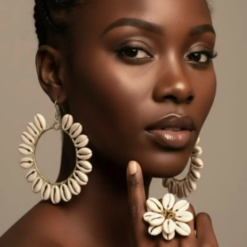 25/NIA SET LARGE: Earrings and Ring set 100% Handmade Cowries Shell set made by west  Africans artisans to standout boldly in heritage and elegance.