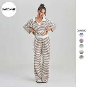 KatchMe Women's Casual Color Matching Stripe Long Sleeve Top & Wide Leg Trousers Co-ord, Soft V-Neck Loose Two Piece Outfits, Lounge Set Womenswear(2)
