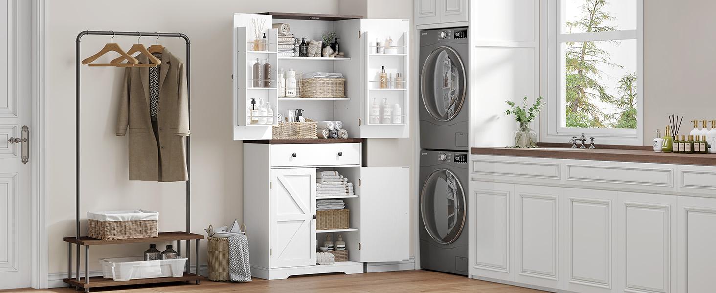 【SPOTLIGHT DAY】ONBRILL 71" Tall Farmhouse Kitchen Pantry Cabinet with 6 Door Shelves & Drawer Wood Storage Cabinet 2 Adjustable Shelves 4 Barn Doors Freestanding Cupboard for Kitchen Dining Room 【SPOTLIGHT DAY】ONBRILL 71" Tall Farmhouse Kitchen Pantry Cabinet with 6 Door Shelves & Drawer Wood Storage Cabinet 2 Adjustable Shelves 4 Barn Doors Freestanding Cupboard for Kitchen Dining Room