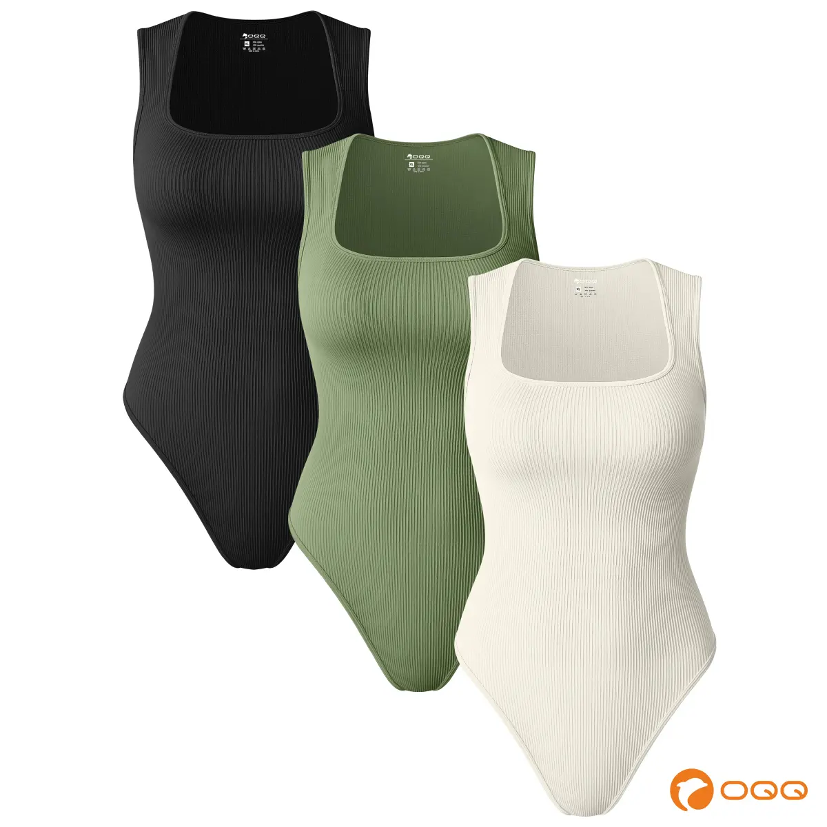 OQQfitness Womenswear Three-Piece Ribbed Square Neck Tank Bodysuit with Fitted Design, 90% Nylon 10% Spandex, Comfortable and Stylish for All Seasons,summerwins,summeroutfits,vacationoutfits,beachoutfits,back to school,back to school shopping