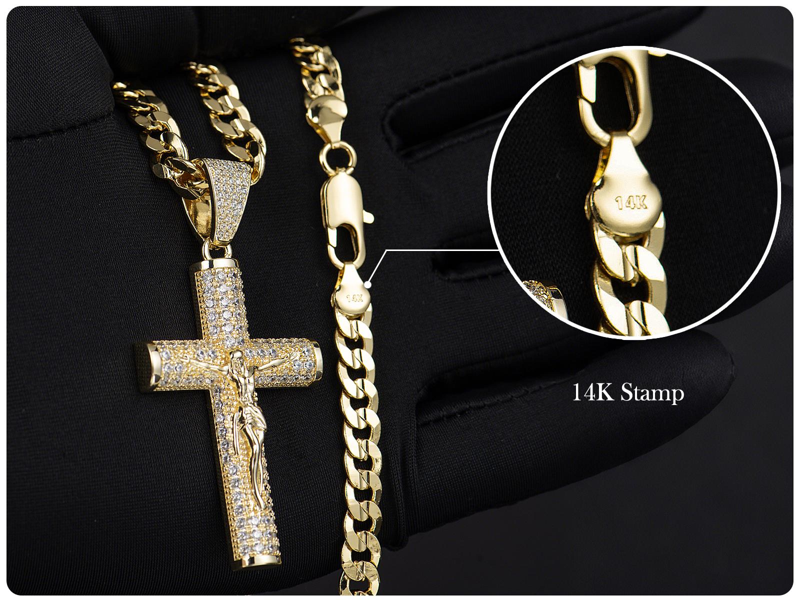 Holylegend 14K Real Gold-Plated Cross Necklace for Men, Advanced Nanotech Tarnish-Free Cuban Figaro Rope Miami Chains with Jesus Crucifix Pendant, 24” Long , Christian Religious Jewelry Gift