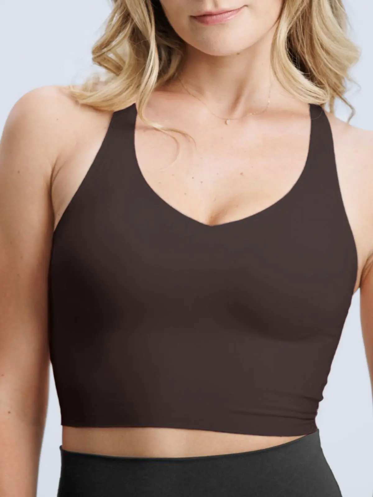 Women's Chocolate Longline Racerback Bra - Soft Nylon Spandex with Light Support, Removable Cups, and Bustline Lift for Low-Impact Activities