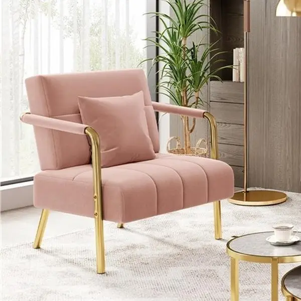 Costoffs Modern Upholstered Armchair, Velvet Lounge Chair with Slanted Back, Pillow, Removable Armrest Covers, Metal Armrests and Frame, Wide Seating for Living Room, Bedroom
