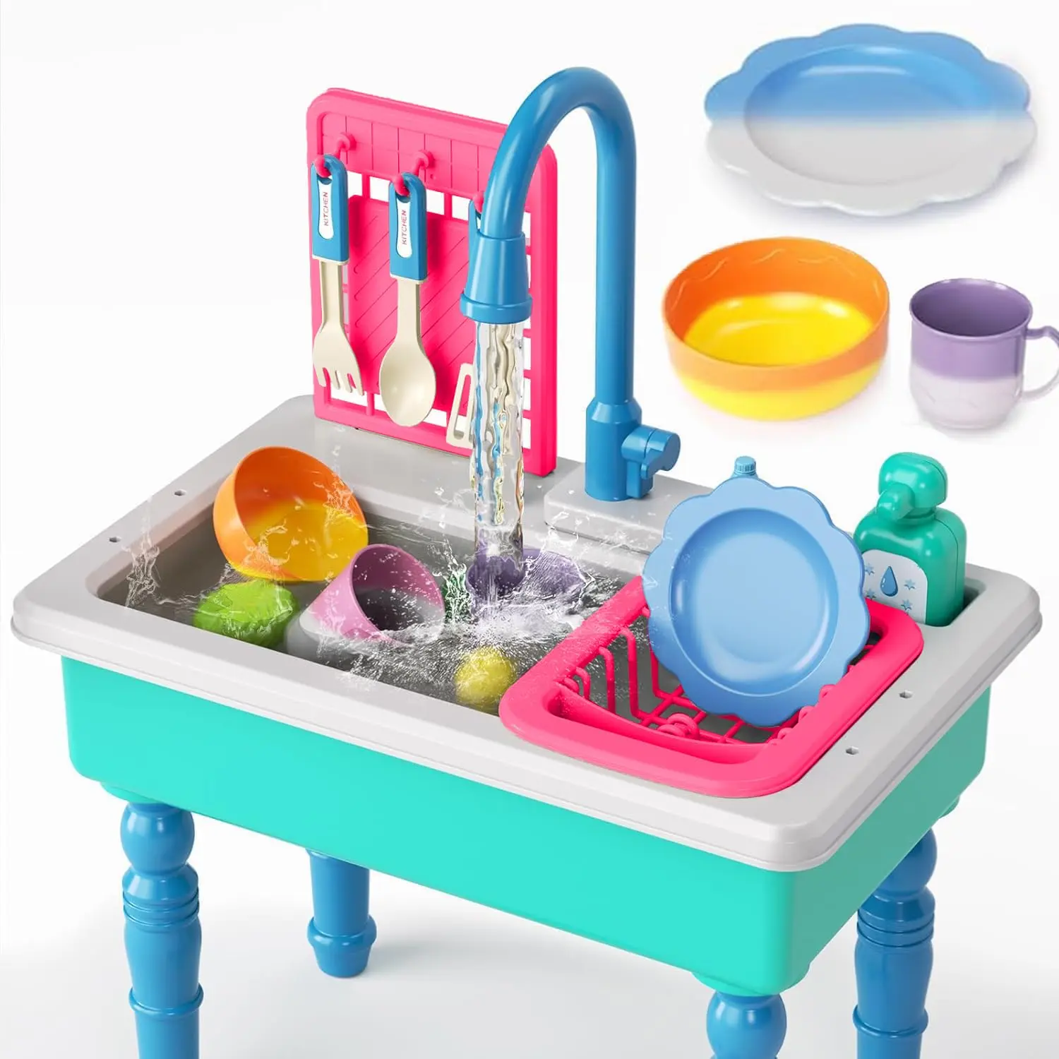Toddler Play Kitchen Sink Cooking Playset, Upgraded Color Changing Dishes, Auto Running Water Play Kitchen Set