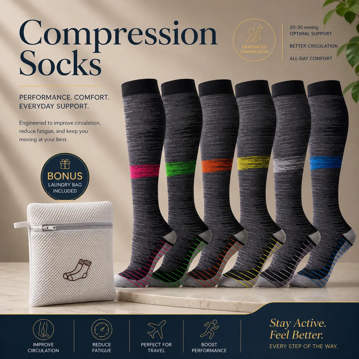 Knee High Compression Socks for Women & Men, 5/6 Pack Moisture-Wicking Athletic Socks with 15-20mmHg Support for Running & Travel, Workout Socks