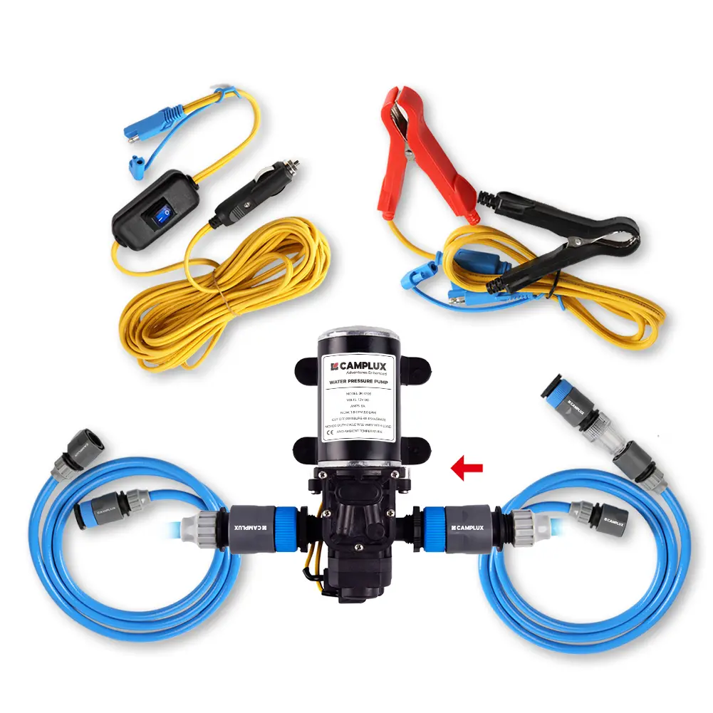 【Fits all models】CAMPLUX 12V Portable Water Pump Kit Pack 1.6 GPM – Self-Priming Camping Shower Pump System for RV, Water Heater & Off-Grid Use Quick Install Pump Battery Powered Pump