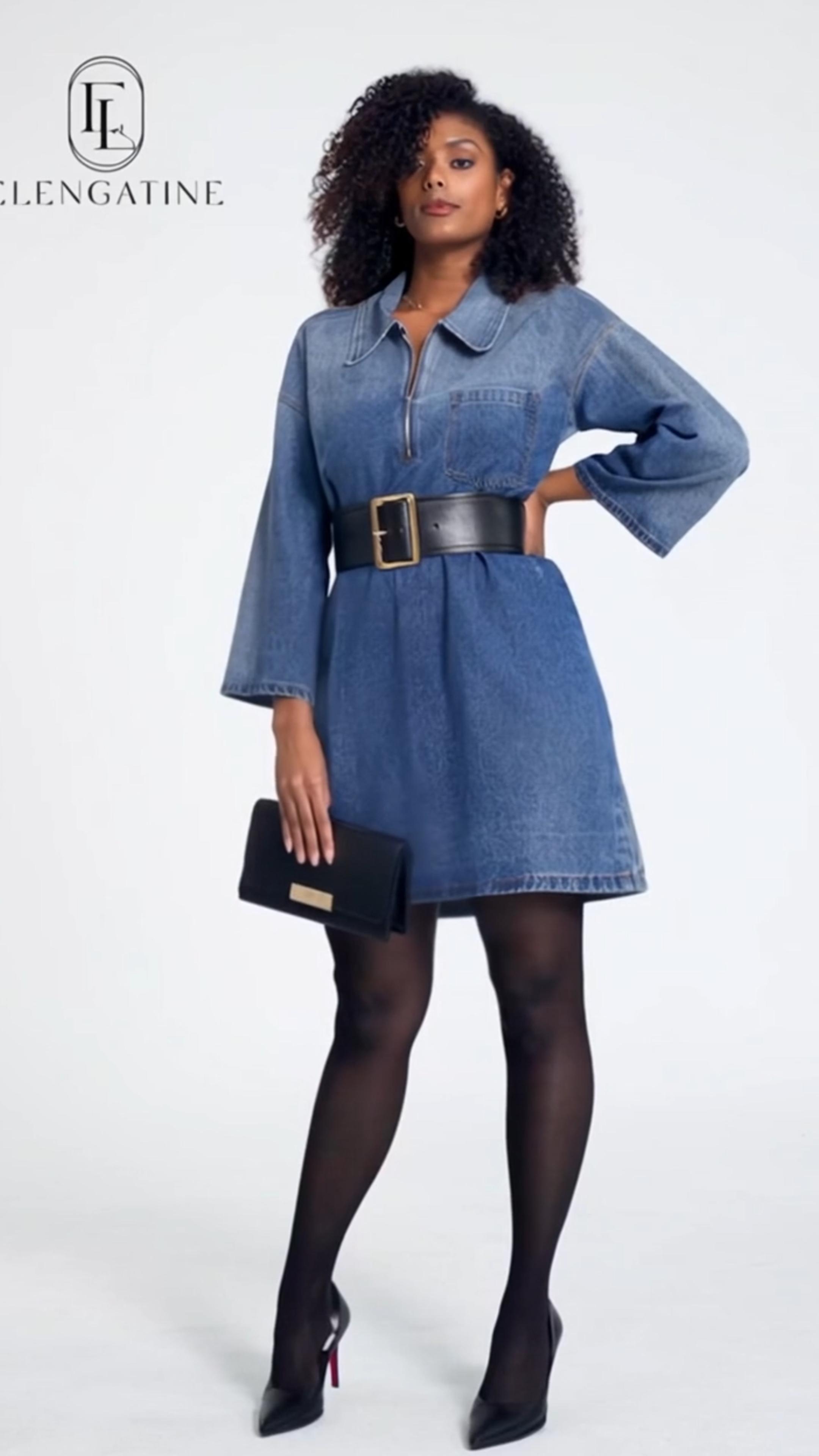 Elengatine Women's Denim Dress Half-Zip Collared Vintage Washed Blue Loose Fit Long Sleeve One Chest Pocket Trendy Casual Top for Daily Wear & Street Style Looks - Chic Autumn and Winter - Womenswear Suitable for all people,Size XL-5XL
