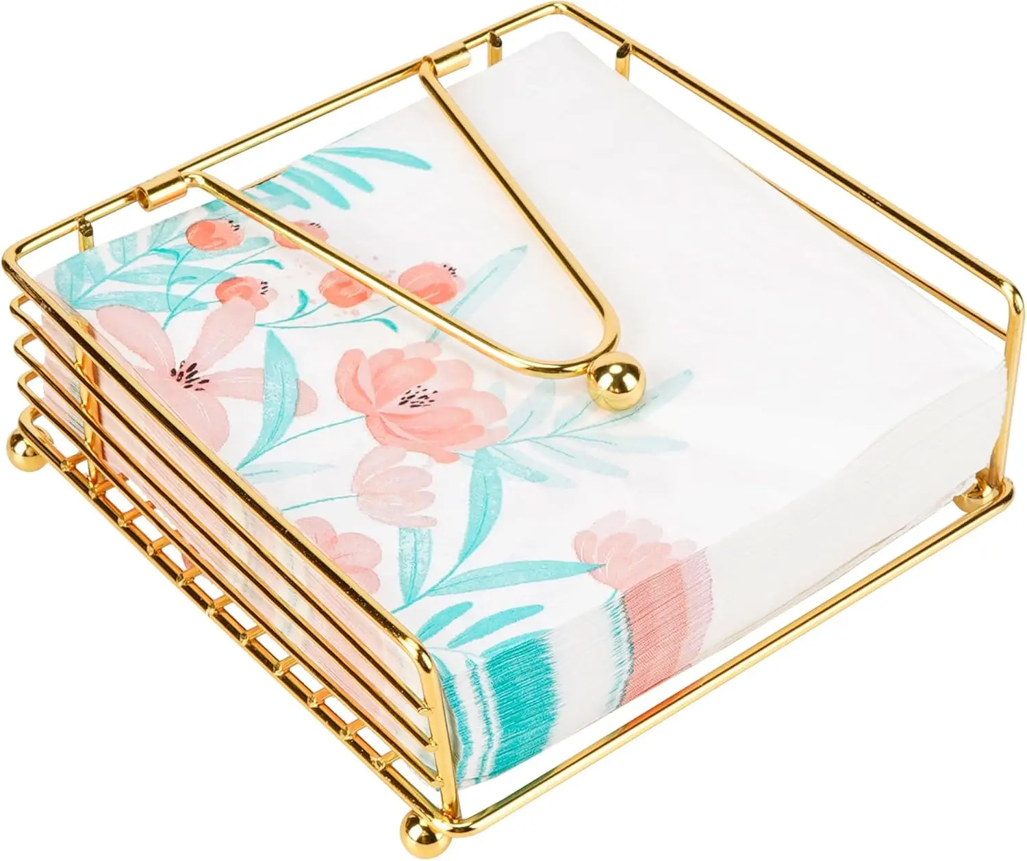 Elegant Gold Metal Flat Napkin Holder with Weighted Arm - Home Organizer Storage Rack for Kitchen, Dining Table, Wedding, Party Farmhouse Decor