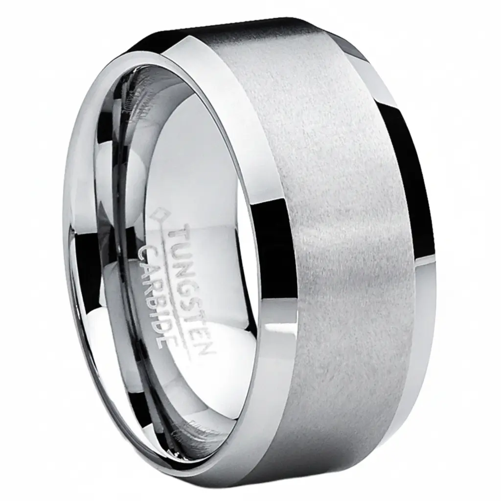 Men's 10MM Brushed Tungsten Carbide Wedding Band Ring - Matte Center, Comfort Fit, Sizes 7-15, Men's Jewelry, Artificial Gemstone Rings