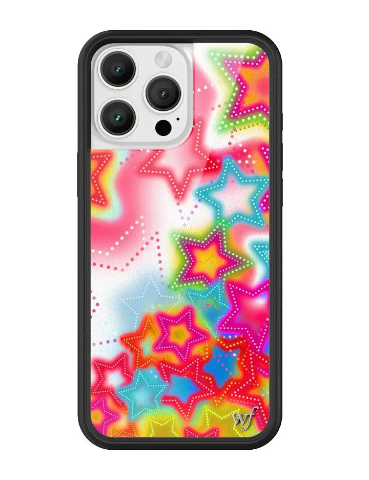 Star Dust | Limited Edition Trendy iPhone Case | Raised Protective Black Bumper | Women Owned Small Business | Pink and White Background Vibrant Colorful Rainbow Star Design Aesthetic Cute | Safety Casing Protective | Gift for Her