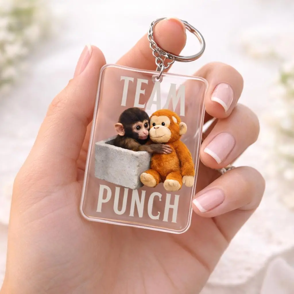 Team Punch Monkey Acrylic Keychain – Cute Monkey Funny Animal Keyring, Viral Style Monkey Charm, Custom Shape Acrylic Keyring, Gift for Friends