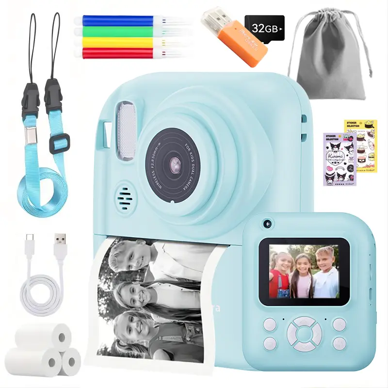 W&O 2025 Instant Camera with 32G Memory Card, CCD Sensor, Portable Travel Camera, Fast Photo Printing, Rechargeable 1080P Pocket Camera, Educational Children's Toy, Birthday Gift for All Ages Charging Bluetooth