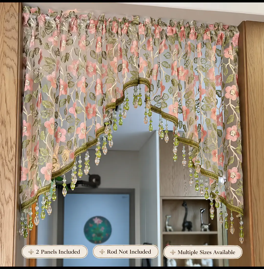 Beautiful embroidered lace wardrobe curtains that don’t require drilling, ensuring privacy; romantic beaded tulle fringe curtains and door curtains; bohemian-style floral room dividers; home decor perfect for renters
