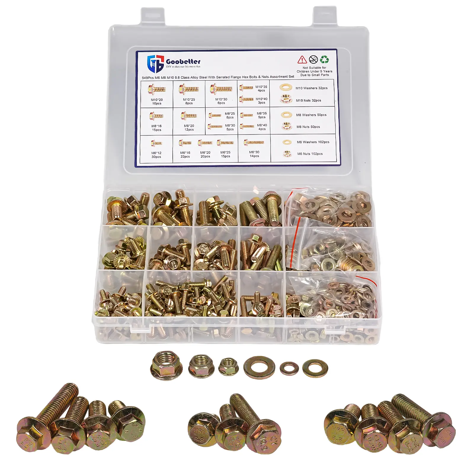 Heavy-Duty Metric Alloy Steel Bolt Set Assorted Kit (64/292/549PCS) - Grade 8.8 M6/M8/M10 mm Hex & Threaded Nut & Bolt Sets with Washers, Auto DIY Repair Hardware Fasteners, Grade 8.8 Bolts