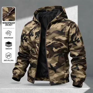 Men’s camouflage hooded jacket—a comfortable, lightweight softshell for outdoor activities. Durable and comfortable, it’s perfect for outdoor adventures and everyday wear, stylish and practical.