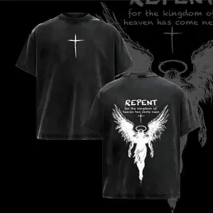 Repent Vintage Washed Oversized Christian T-Shirt with Angel Wings Faith Graphic Tee Design, “Kingdom of Heaven Has Come Near” Gospel Streetwear Top, Heavy Cotton Unisex Retro Worship Shirt