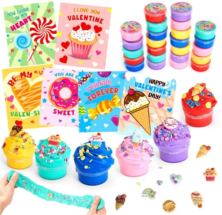 Valentine's Day Gifts for Kids- 24 Sets of Butter Slime with Valentine's Day Card, School Classroom Valentine's Gifts Exchange, Valentine's Party Favors for Kids, Valentine’s Greeting Cards