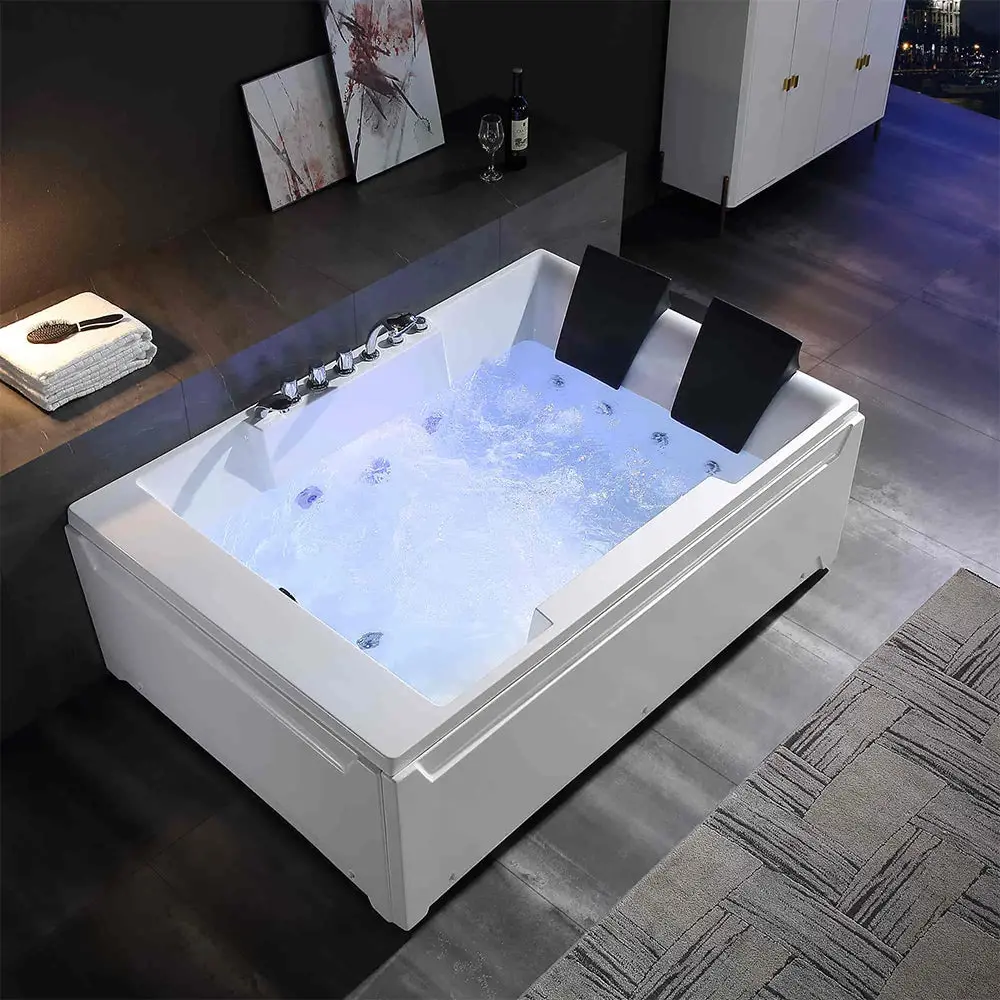 EMPAVA 72" Acrylic Alcove Whirlpool Bathtub - 2-Person Deep Soak Hydrotherapy Tub with LED Lights, Left Drain, Dryfloor Brim