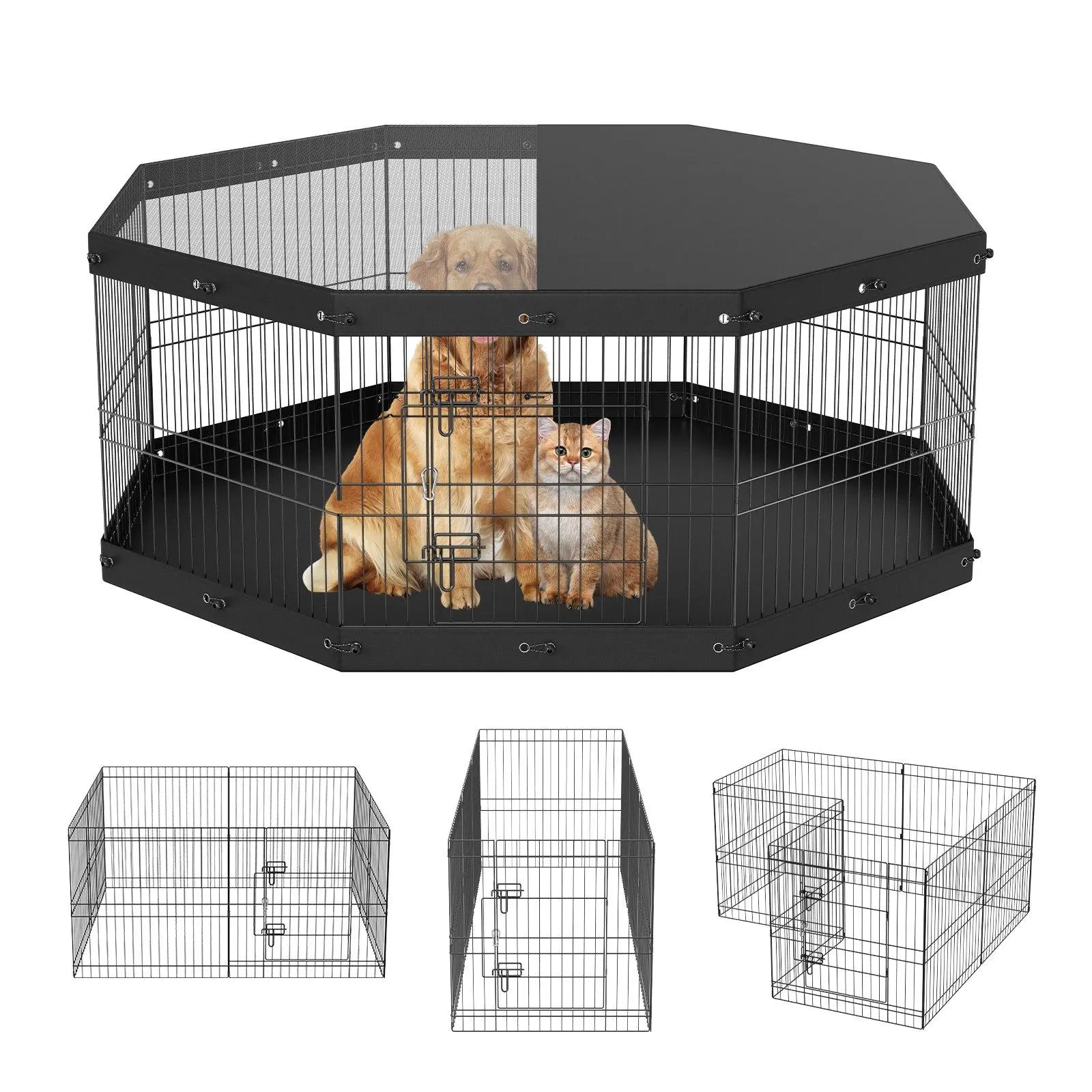 【FathersDayGift】VEVOR Dog Playpen, 8 Panels Foldable Metal Dog Exercise Pen with Top Cover and Bottom Pad, 24" H Pet Fence Puppy Crate Kennel, Indoor Outdoor Dog Pen for Small Medium Pets, for Camping, Yard