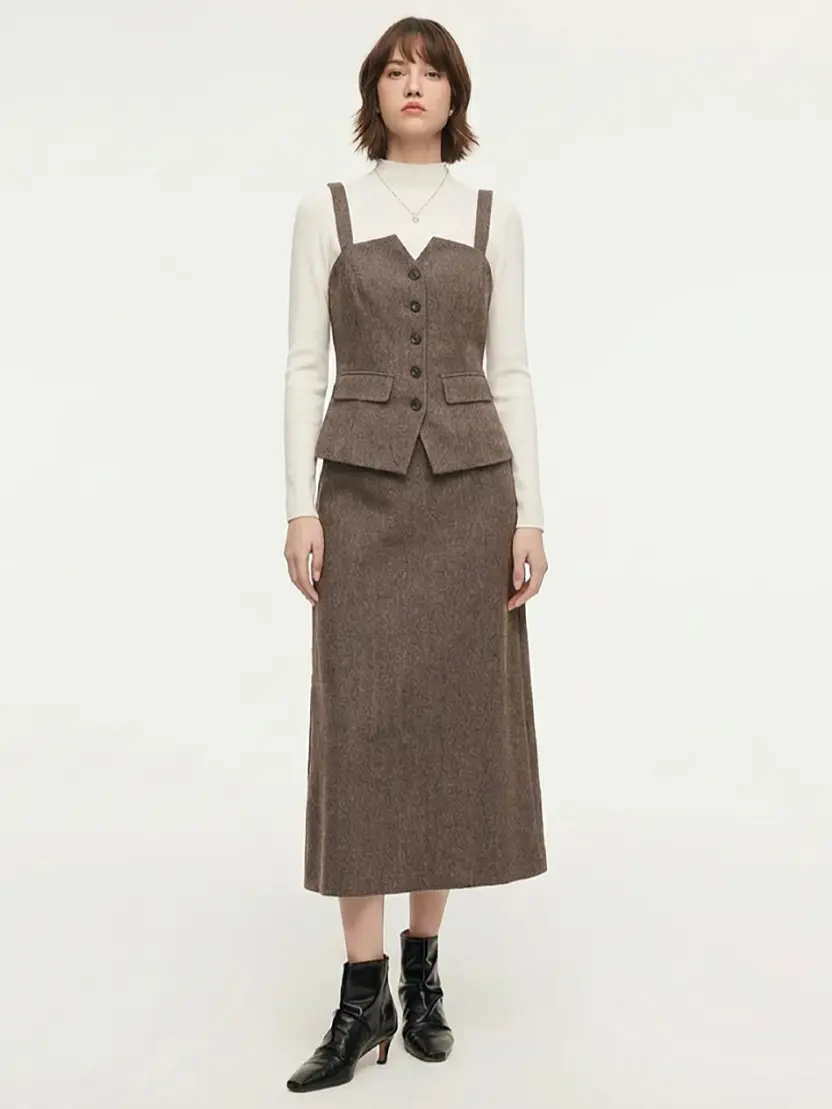 GOELIA Washable Wool Bustier Vest & Knit Top & Skirt Three-Piece Set for Ladies