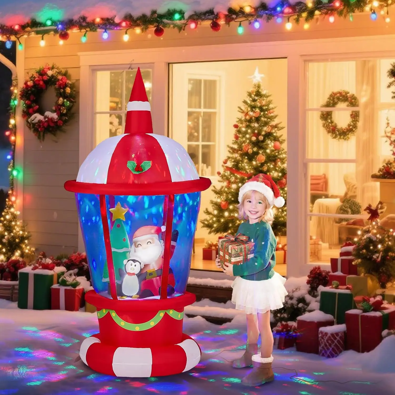 7.3FT Large Magical Lighted Christmas Inflatable Lighthouse, Waterproof Polyester Decor with Santa, Penguin & Built-in LED Lights for Front Yard Tree Holiday Party Decor