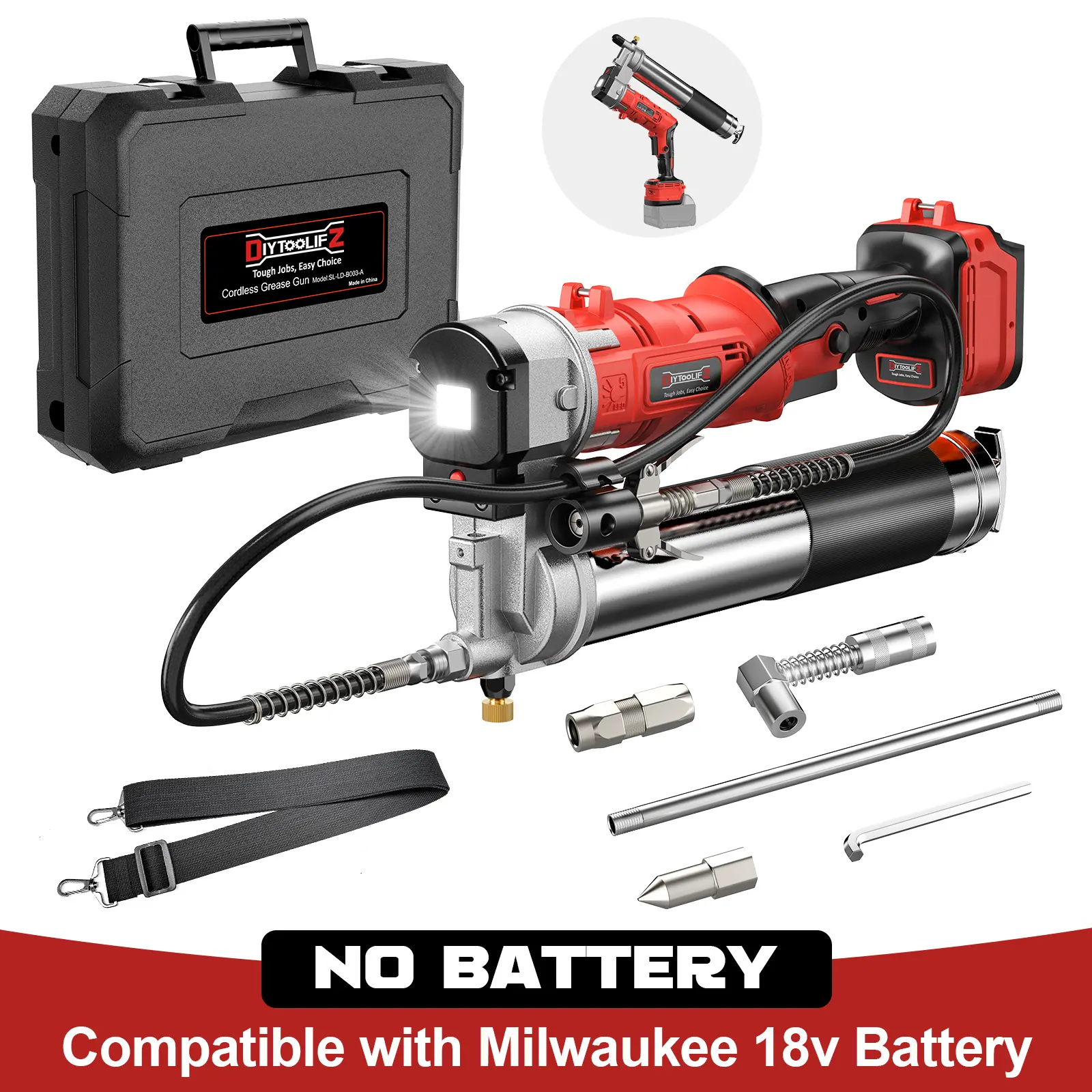 Cordless Grease Gun Compatible with Milwaukee/DeWalt Battery(NO BATTERY!!), 12000PSI, Dual Pistol & in-Line Grip, Works with Bulk & Cartridge Grease, with 39" Hose & 4 Couplers backtoschool
